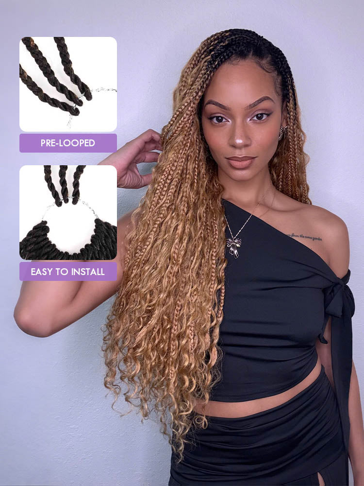 Noble Pre-looped Ombre #1B/27 Crochet Boho Box Braids With Human Hair Curls