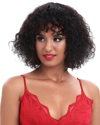 Noble Short Kinky Curly Wigs Ombre Color Wig With Bangs 14 Inch Human Hair Wig