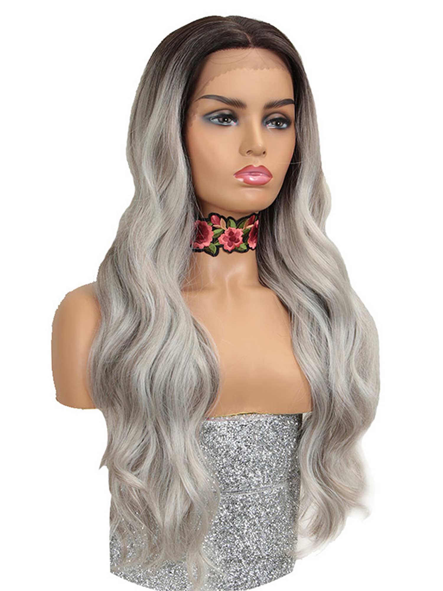 Noble 360 Lace Front Wig 28 Inch Body Wave Silver Grey Synthetic Wig