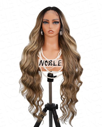 Noble Highlight Ombre Body Wave 13×4×1 T Part Wig Natural Hairline Synthetic Lace Front Wigs 36 Inch