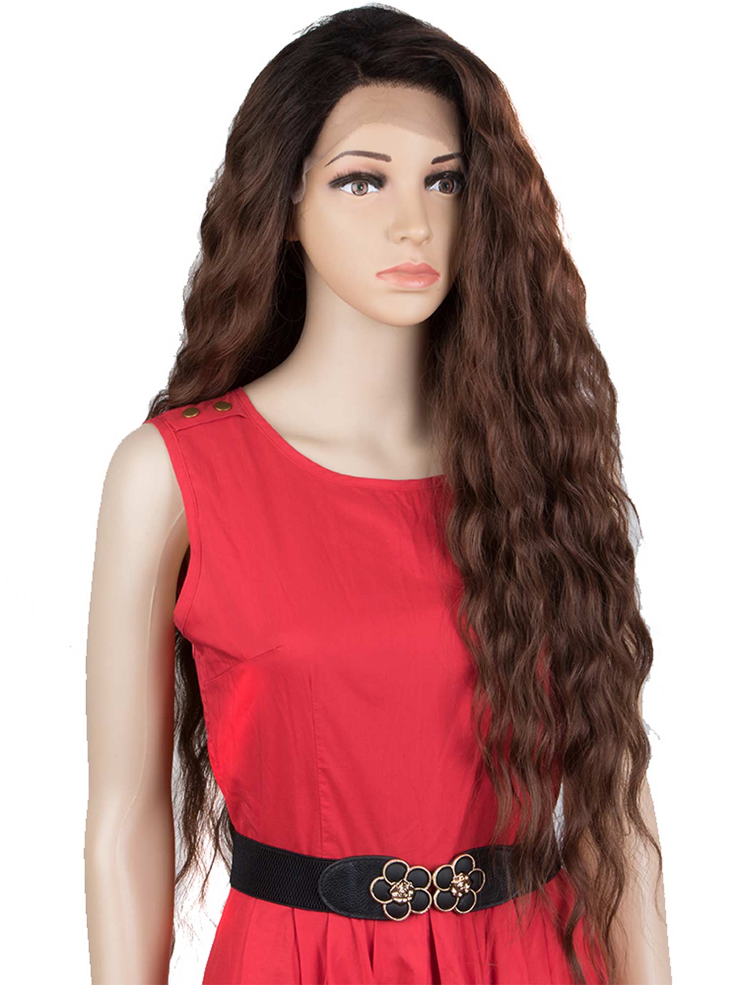 Easy 13×4 Lace Front 31 inch Long Water Wave Wig Chestnut  Color Synthetic Wig