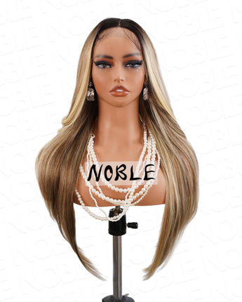 Noble #613 Ombre Color Straight Wig Light Weight Synthetic Wig 13×4×1 T Lace Middle Part Wig 28 Inch