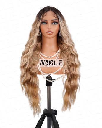 Noble Ombre Mixed Blonde Body Wave T-Part Lace Realistic Synthetic Hair 13×4×1 Lace Pre Plucked Wig 27 Inch