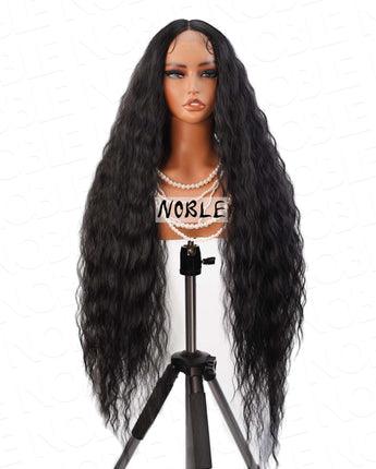 Noble Natural Black 41 Inch Long Wavy 13×6×1 Deep Parting Middle Part Lace Curly Synthetic Wig