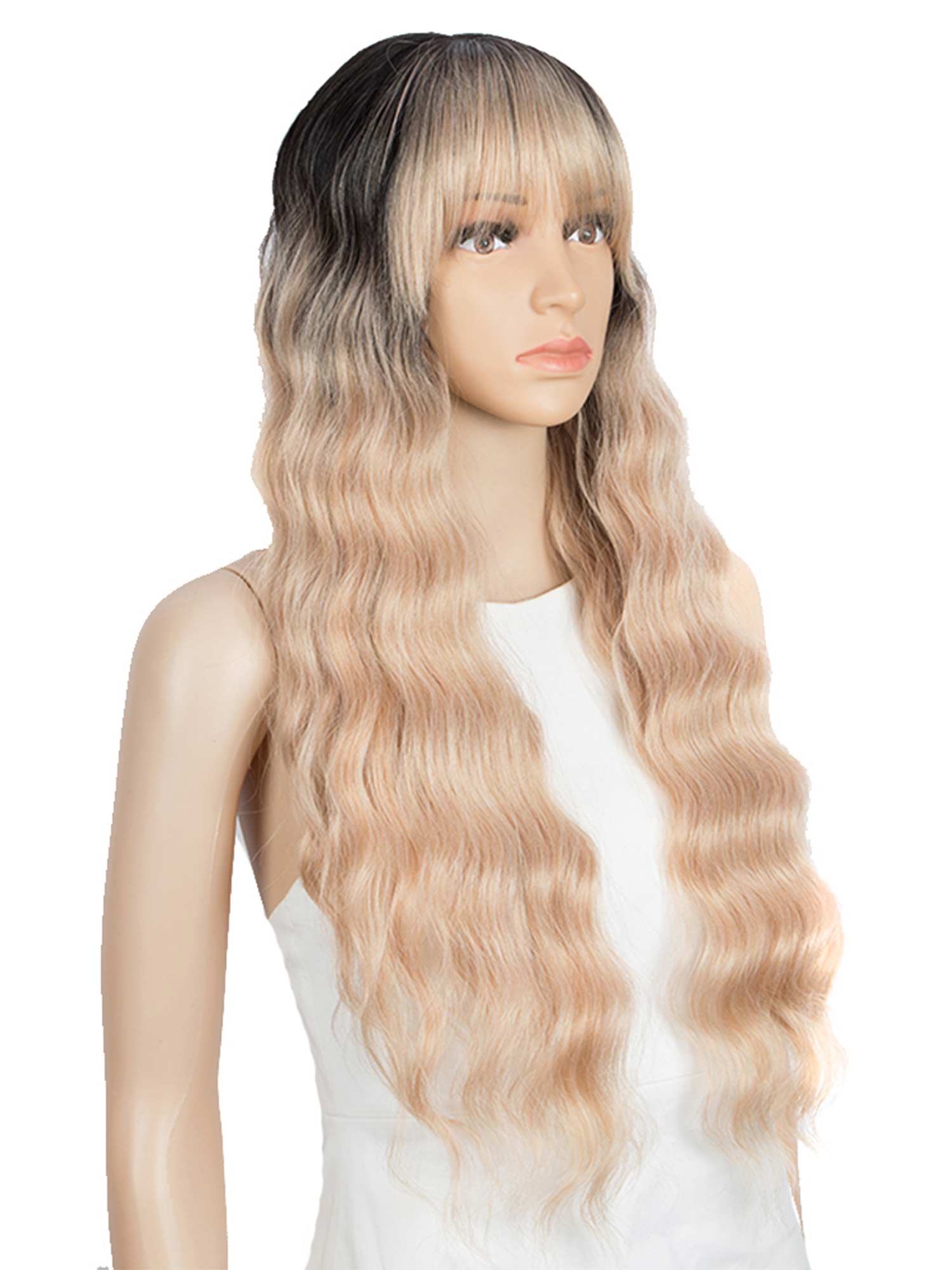 Noble Loose Curly Wavy Lace Front Wig With Bangs  28 Inch Synthetic Wigs Pink Blonde