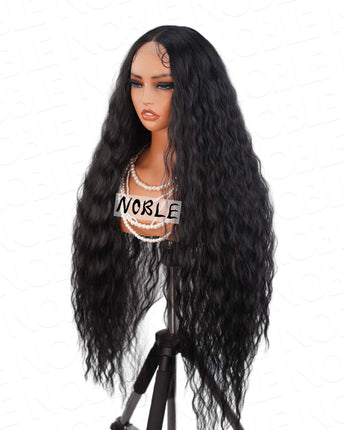 Noble Natural Black 41 Inch Long Wavy 13×6×1 Deep Parting Middle Part Lace Curly Synthetic Wig