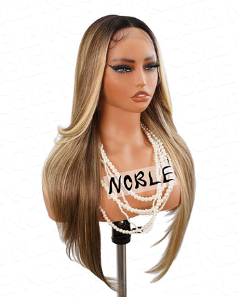 Noble #613 Ombre Color Straight Wig Light Weight Synthetic Wig 13×4×1 T Lace Middle Part Wig 28 Inch