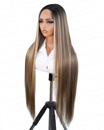 Noble Mixed Color Honey Blonde Straight 13×4×1 T Part Lace Long Synthetic Hair Lace Front Wigs 36 Inch