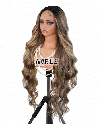 Noble Highlight Ombre Body Wave 13×4×1 T Part Wig Natural Hairline Synthetic Lace Front Wigs 36 Inch