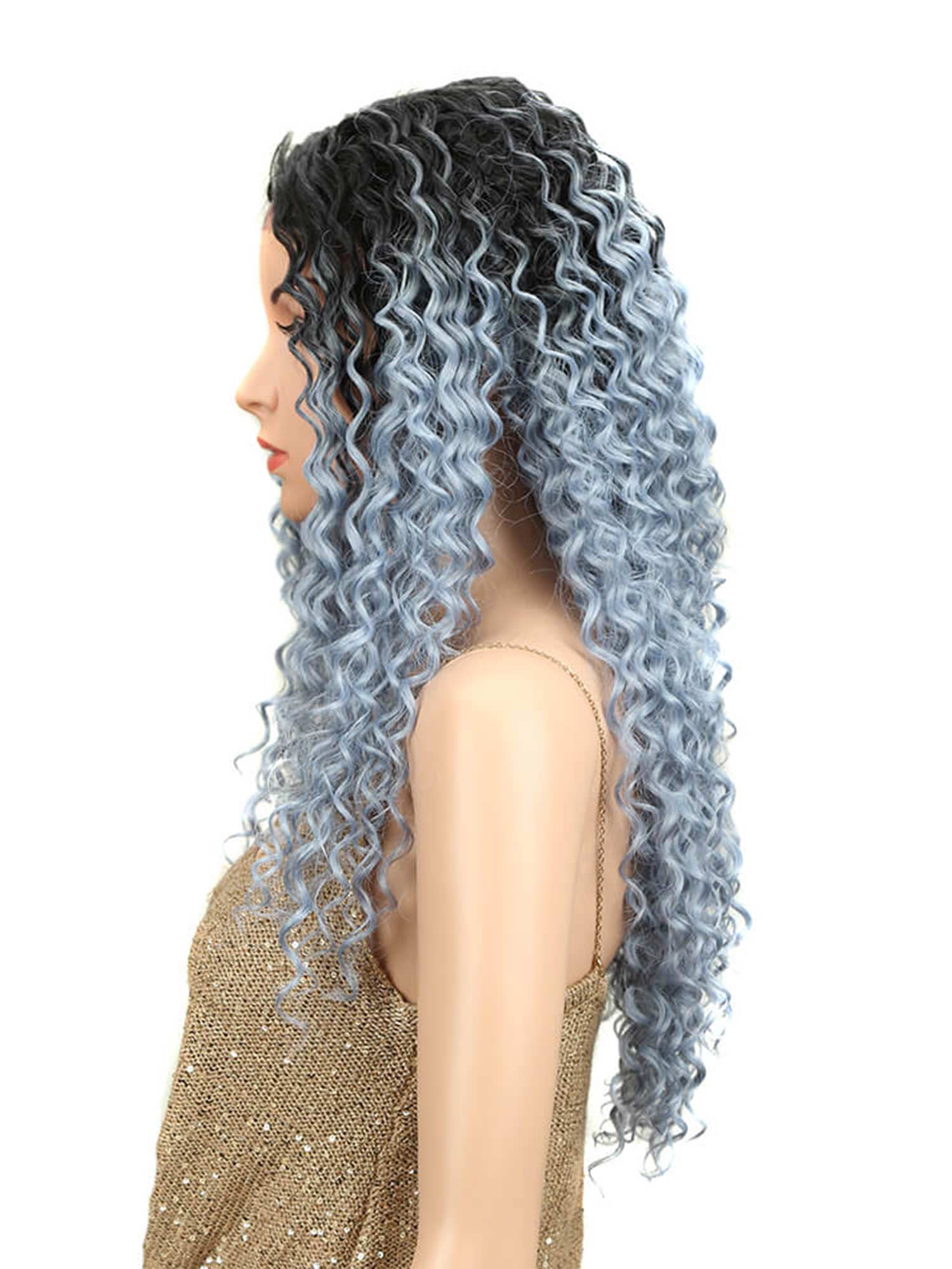 Noble Synthetic Curly T Part Lach 26 Inch BLUESILVER Synthetic Wig