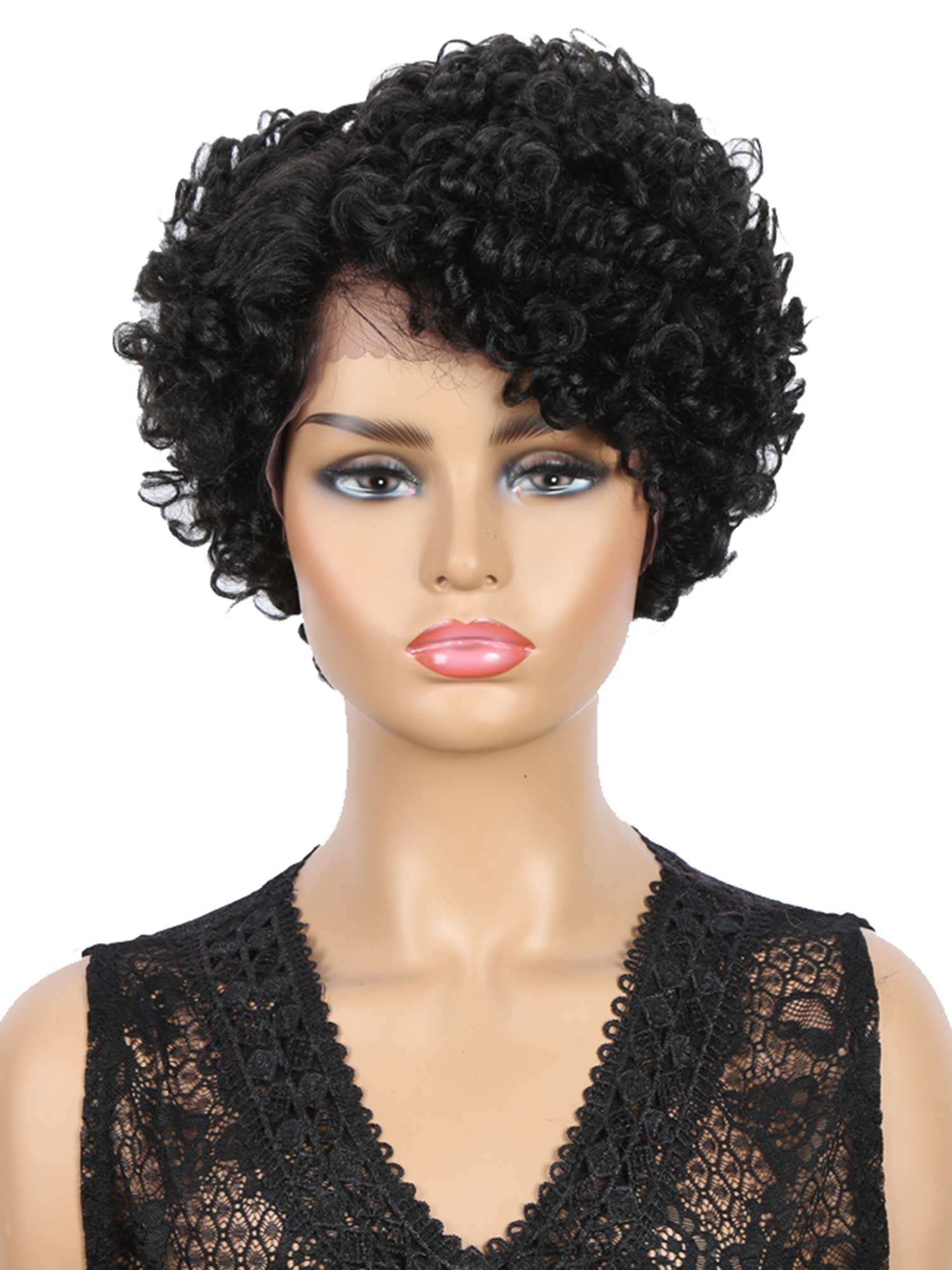 Noble 10 Inch Short Curly Afro Wig Side Part Lace Wig Black Color #1 Synthetic Wig