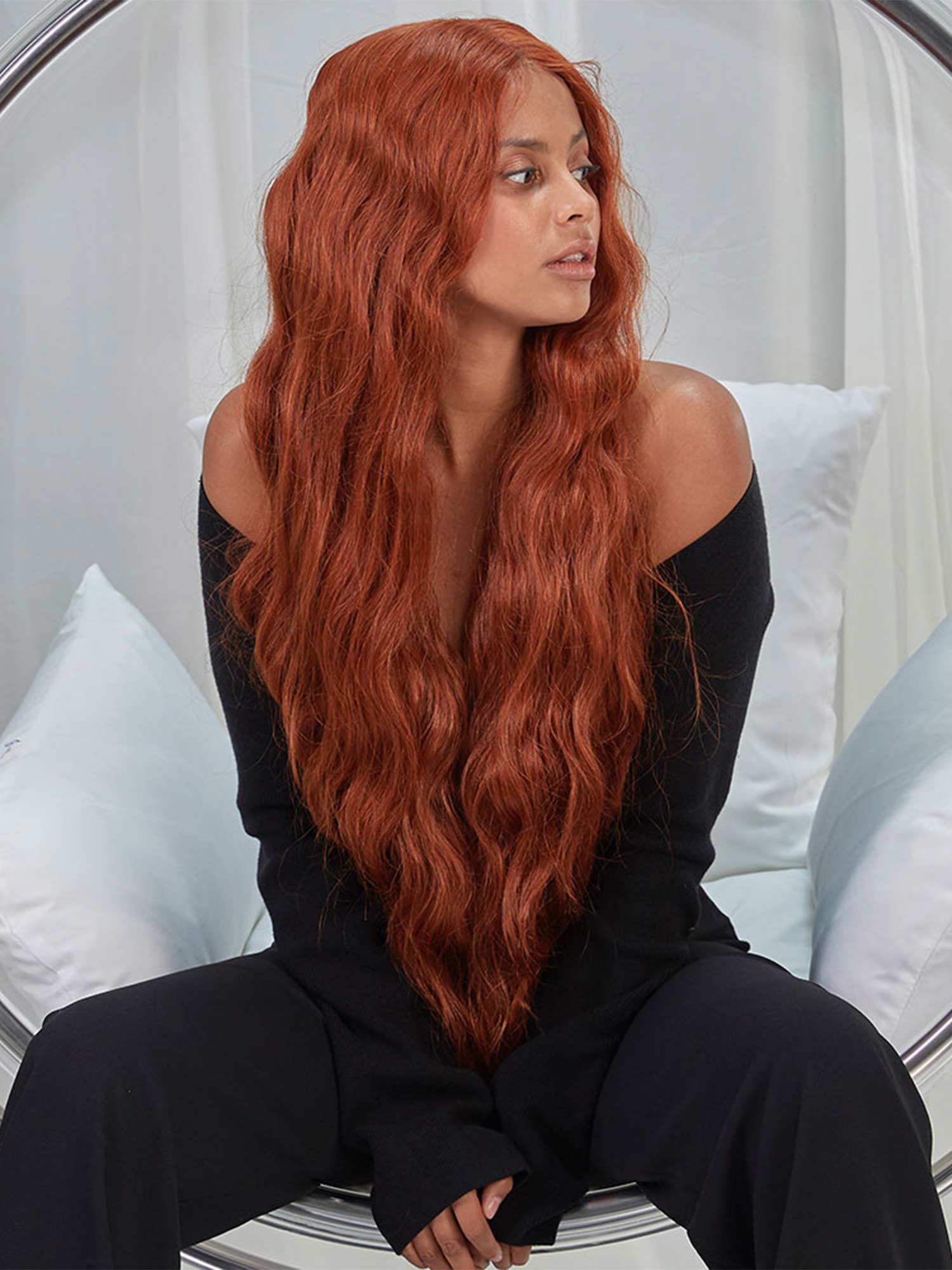 Noble 38 inch Long Wavy Wig Auburn Color Wig T Part Lace Wig Synthetic Wigs