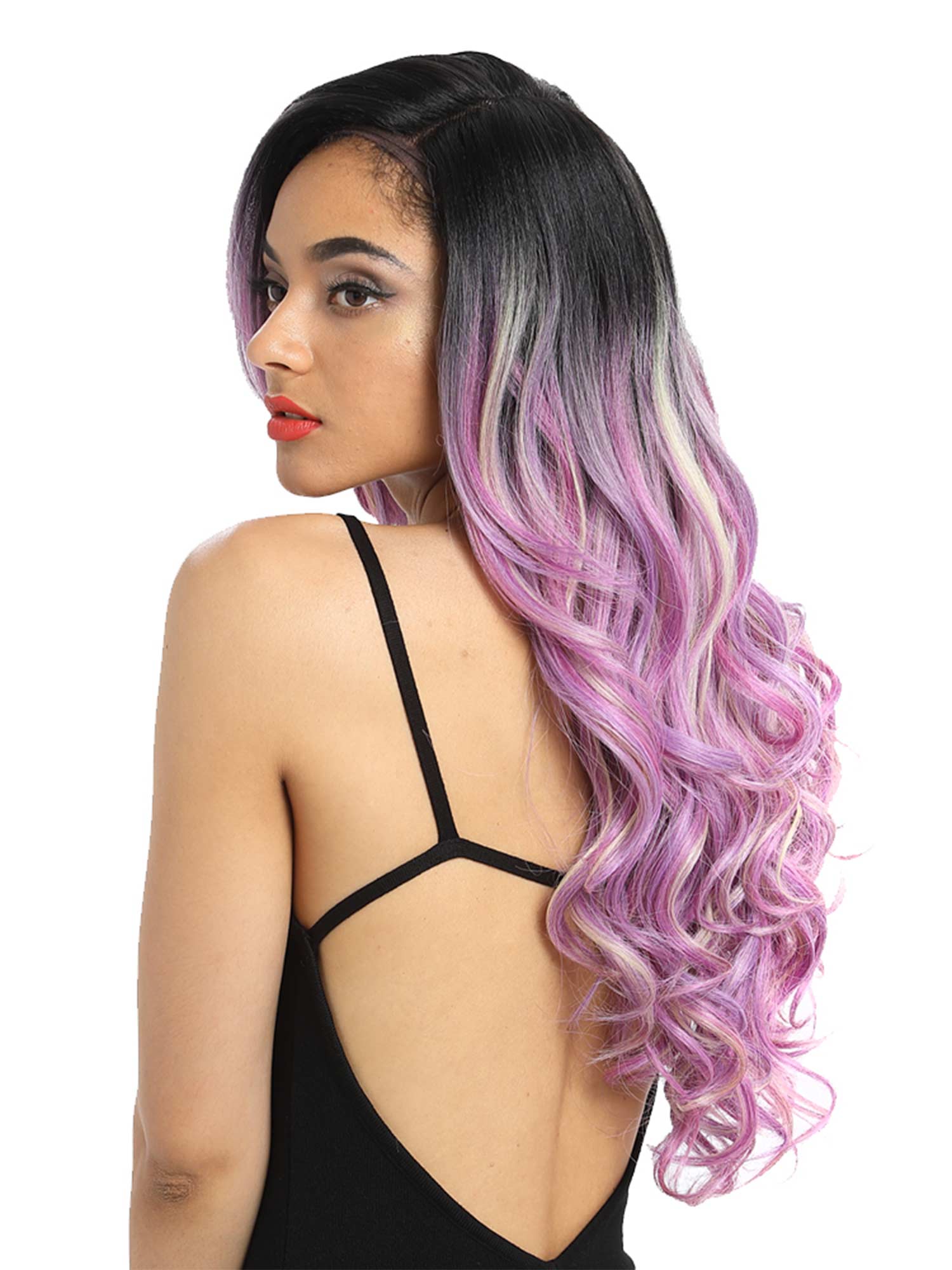 Noble 22 Inch Tousled Waves 5 Inch Lace Part Lavender Pink Highlight Purple Color Synthetic Wig