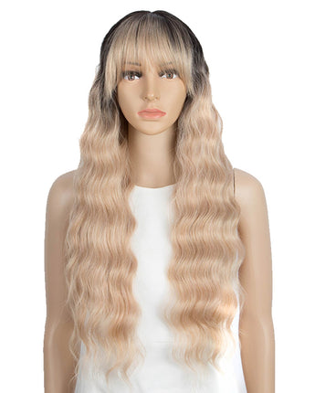 NOBLE Synthetic Long Wavy Lace front Wig with Bangs | 28 Inch Synthetic HD Lace wigs | Pink Blonde | Angelica