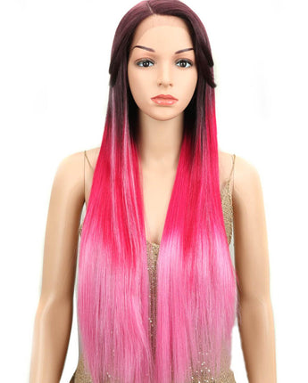 NOBLE Nicole Synthetic 5" Side Part Lace Front Wigs丨31 Inch long straight Ombre Hot Pink Wig