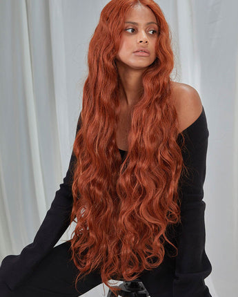 Noble 38 Inch Long Body Wave Auburn Color Synthetic Lace Front Wigs