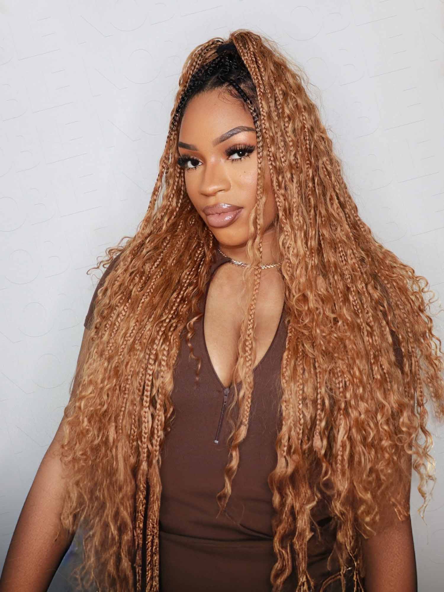 Noble Pre-looped Ombre #1B/27 Crochet Boho Box Braids With Human Hair Curls