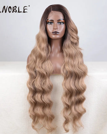 Noble Synthetic Lace Front Wig Long Wavy 36 " Body Wavy Side Part Lace Wig For Women Lace Front Wig Ombre Blonde Cosplay Wig